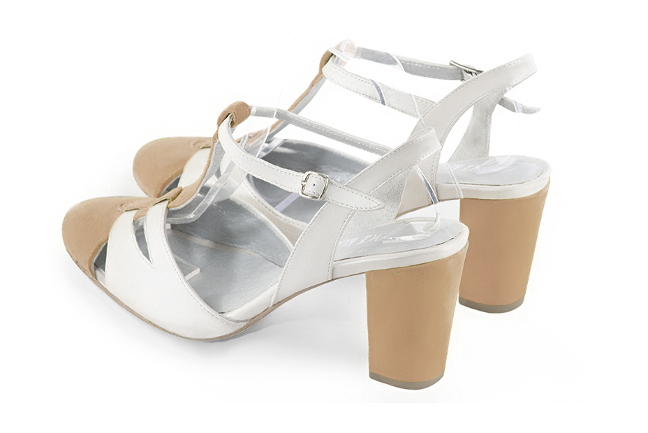 Tan beige and off white women's open back T-strap shoes. Round toe. High block heels. Rear view - Florence KOOIJMAN